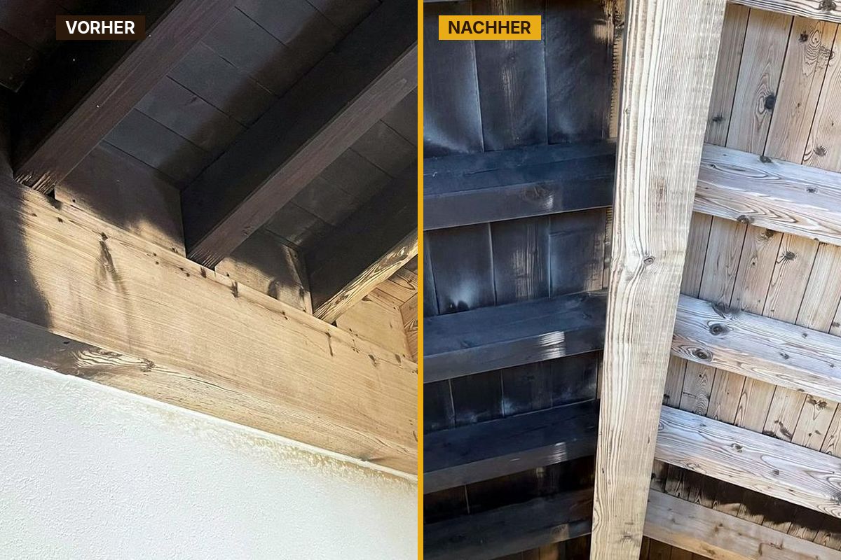 Holzdecke & Sichtbalken – vorher und nachher